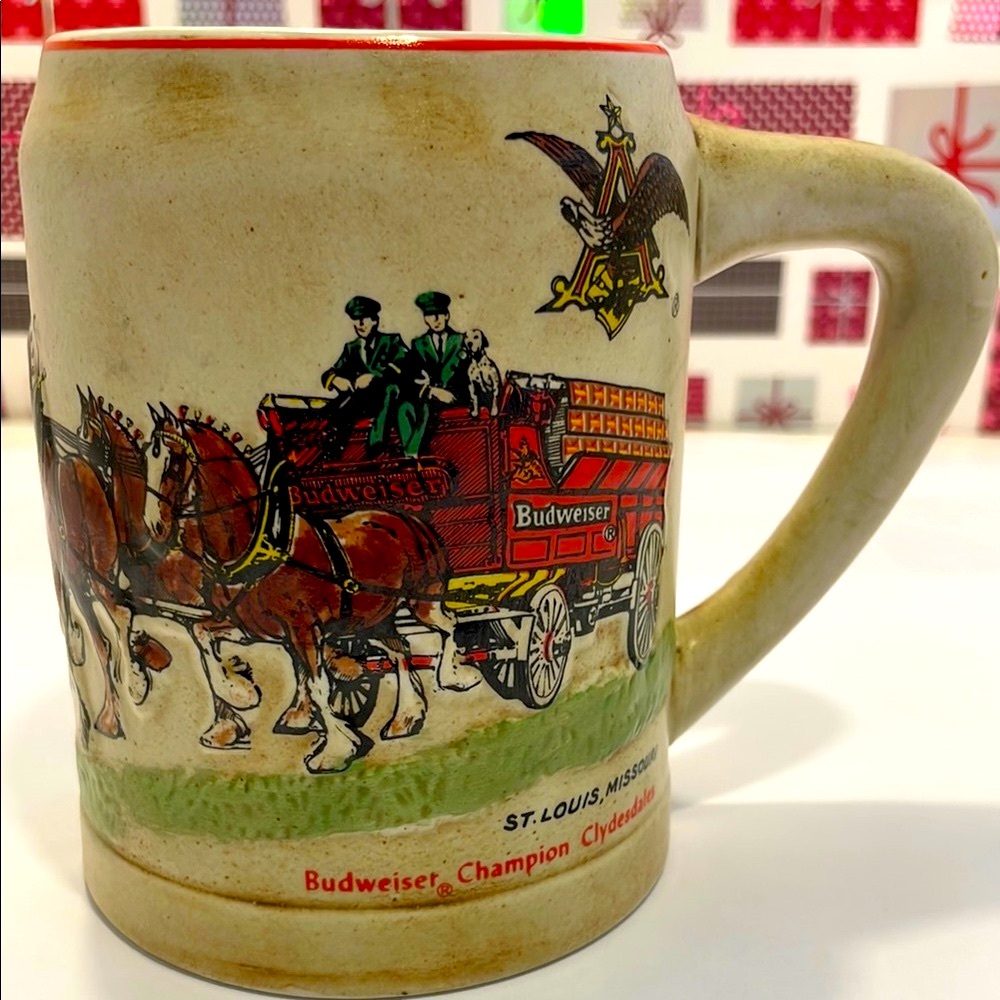 Vintage 1980 Budweiser Clydesdale Holiday Stein Mug - Red and Brown